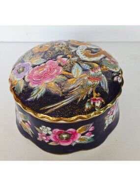 Vintage Asian inspired Purple & gold Porcelain Trinket Box With Floral & Bird De